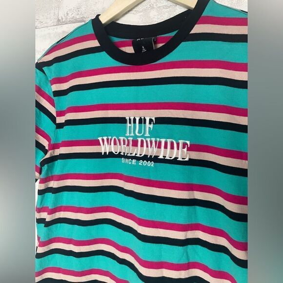 HUF Worldwide brand Men’s Blue Pink Black Striped Tee Vibrant Colored - Picture 2 of 9